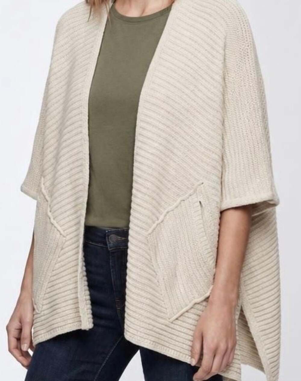 Cocogio KNIT WITH POCKET KIMONO: Beige – ,